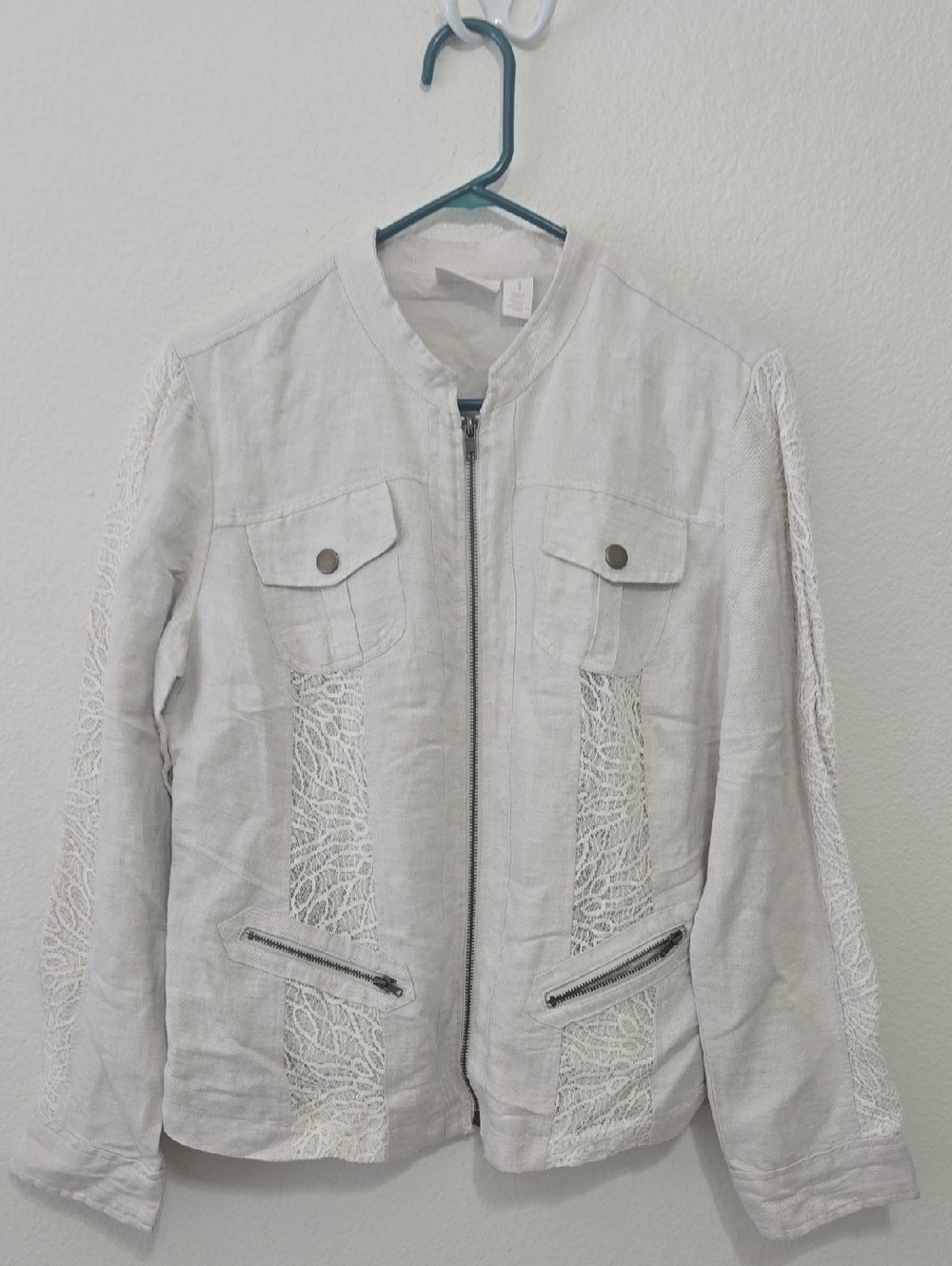 Chico's Cream Lace-Trim Zip Front Jacket 1